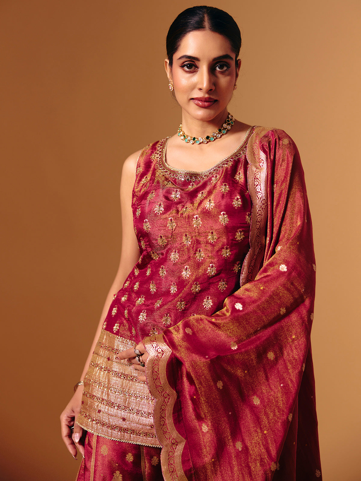 Maroon silk zari work palazzo suit