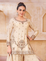 Cream silk embroidered palazzo suit