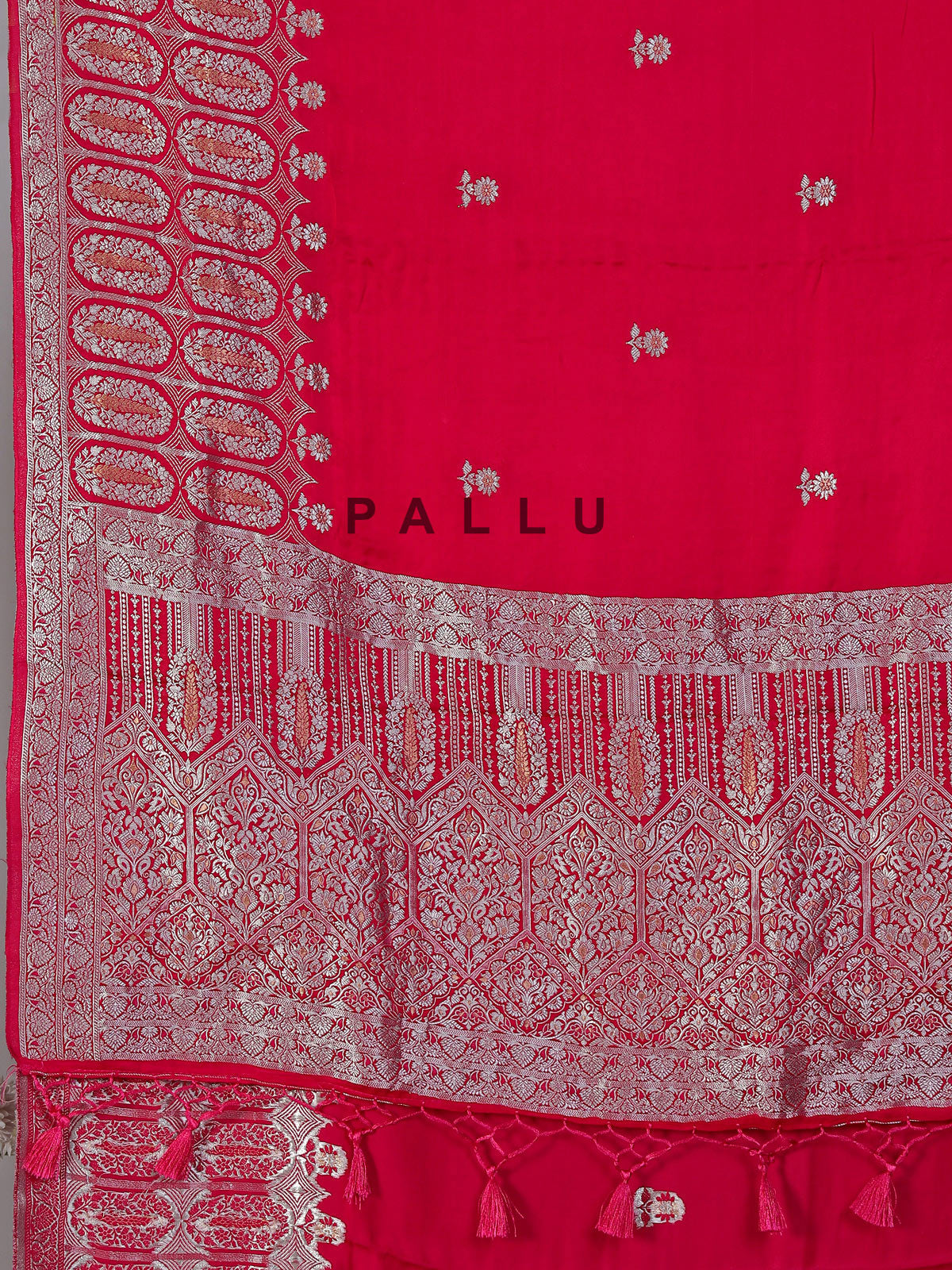 Magenta zari butti work satin silk saree