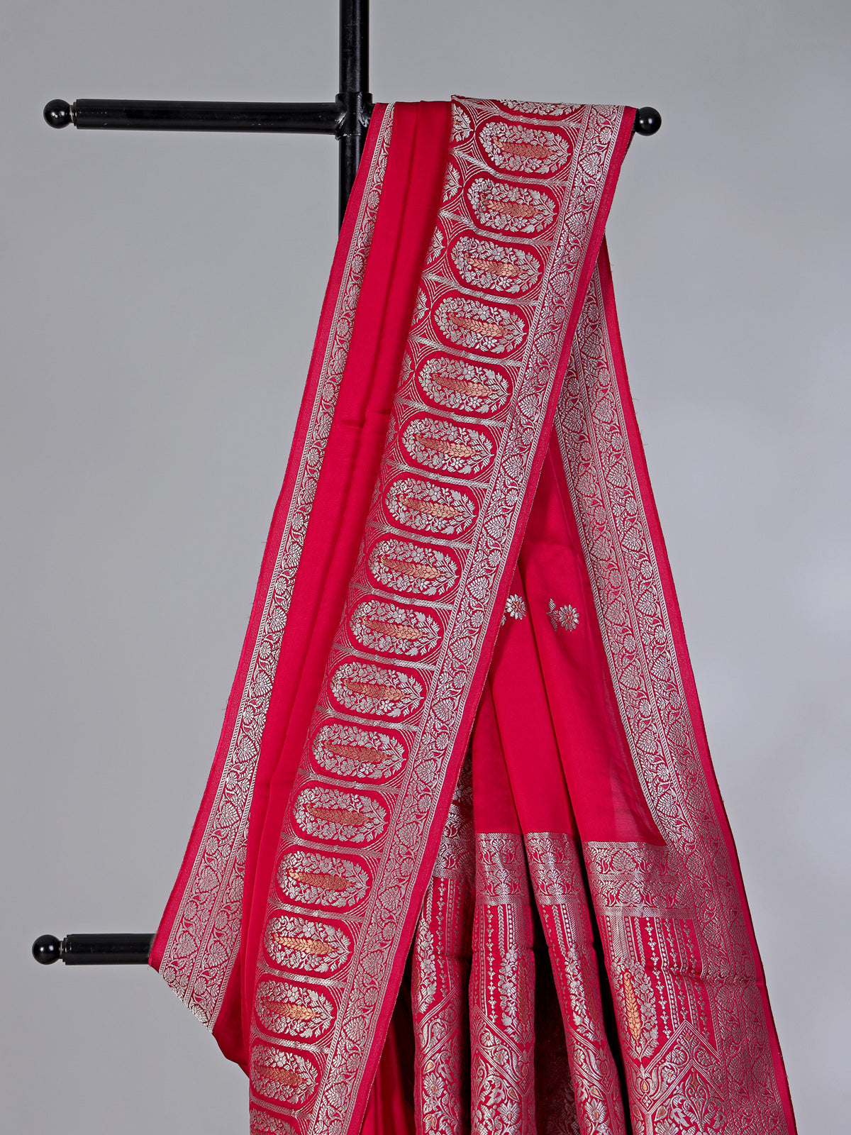 Magenta zari butti work satin silk saree