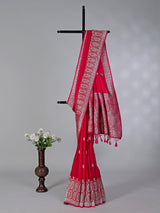 Magenta zari butti work satin silk saree