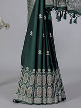 Bottle green zari butti satin silk saree