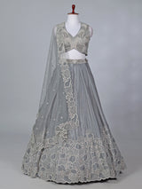 Grey satin silk embroidered lehenga choli