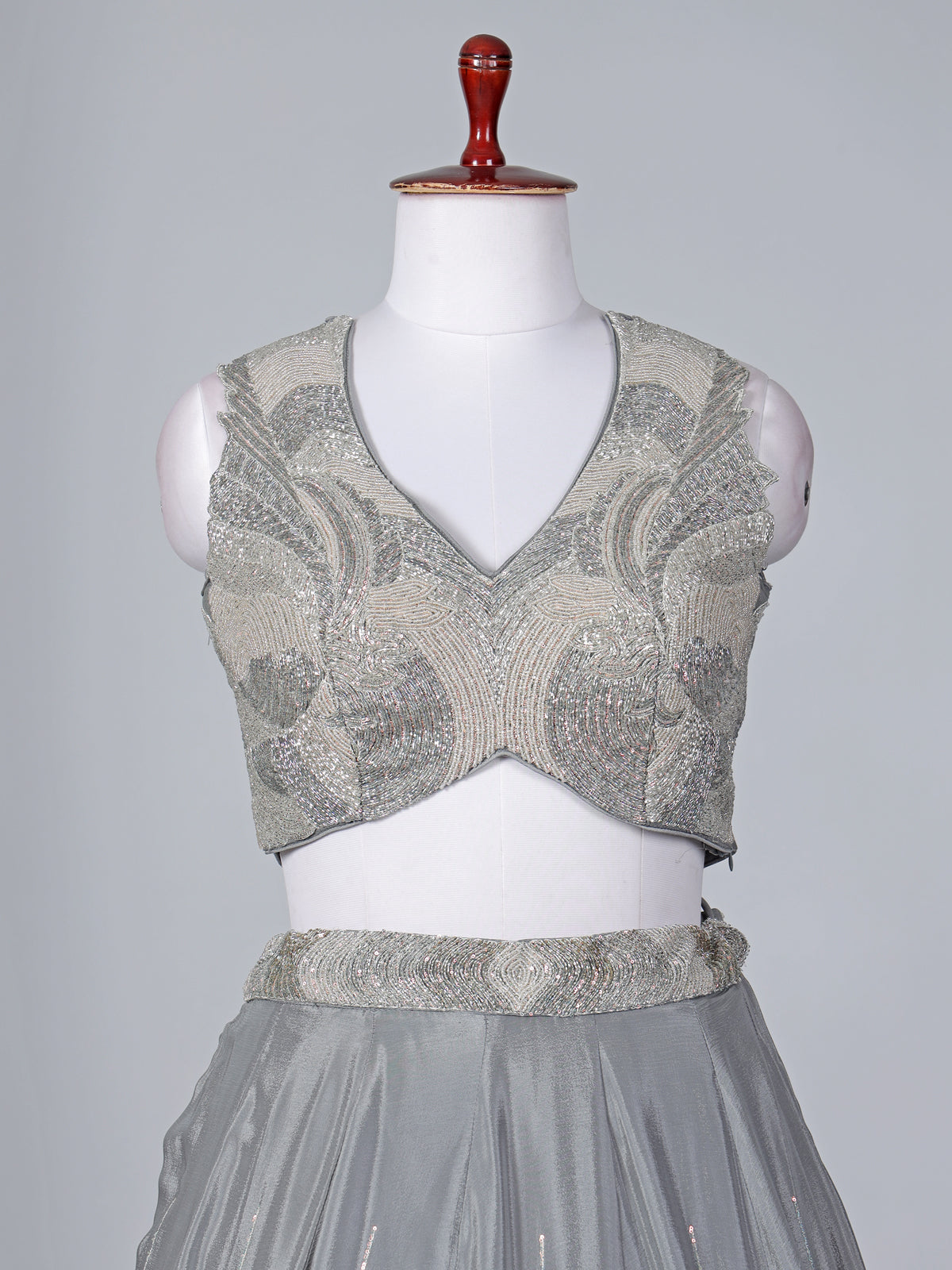 Grey satin silk embroidered lehenga choli