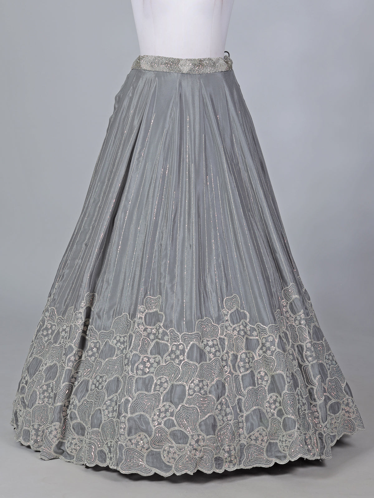Grey satin silk embroidered lehenga choli