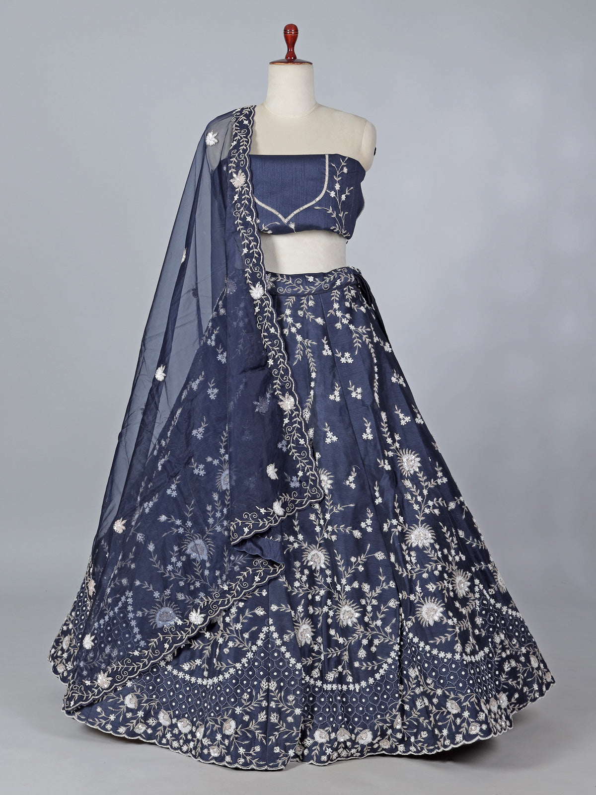Navy raw silk pearl embellished lehenga choli