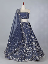 Navy raw silk pearl embellished lehenga choli