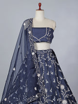 Navy raw silk pearl embellished lehenga choli