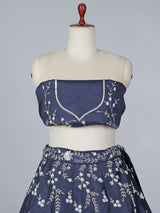 Navy raw silk pearl embellished lehenga choli