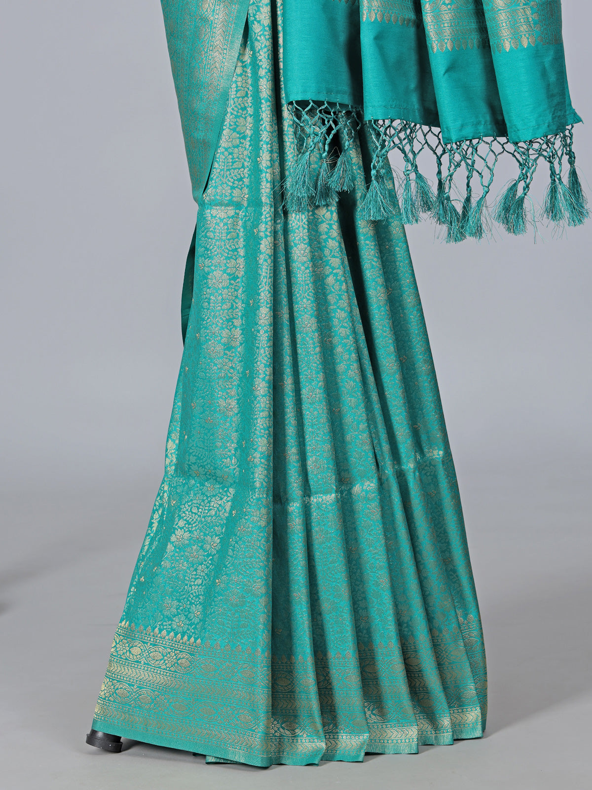 Aqua blue zari worked saree in semi silk