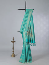 Aqua blue zari worked saree in semi silk