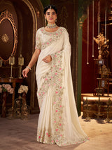 Cream soft silk zari and zardosi wededing wear saree