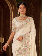 Cream soft silk zari and zardosi wededing wear saree