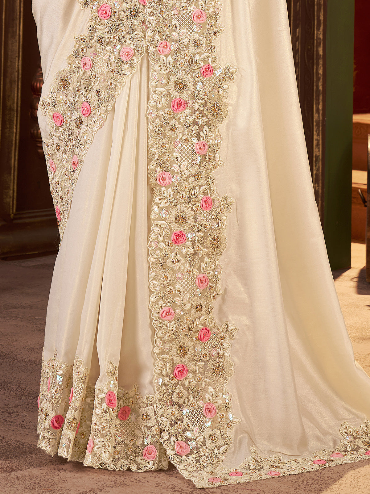 Cream soft silk zari and zardosi wededing wear saree