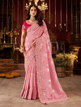 Pink soft silk embroidered saree with contrast blouse
