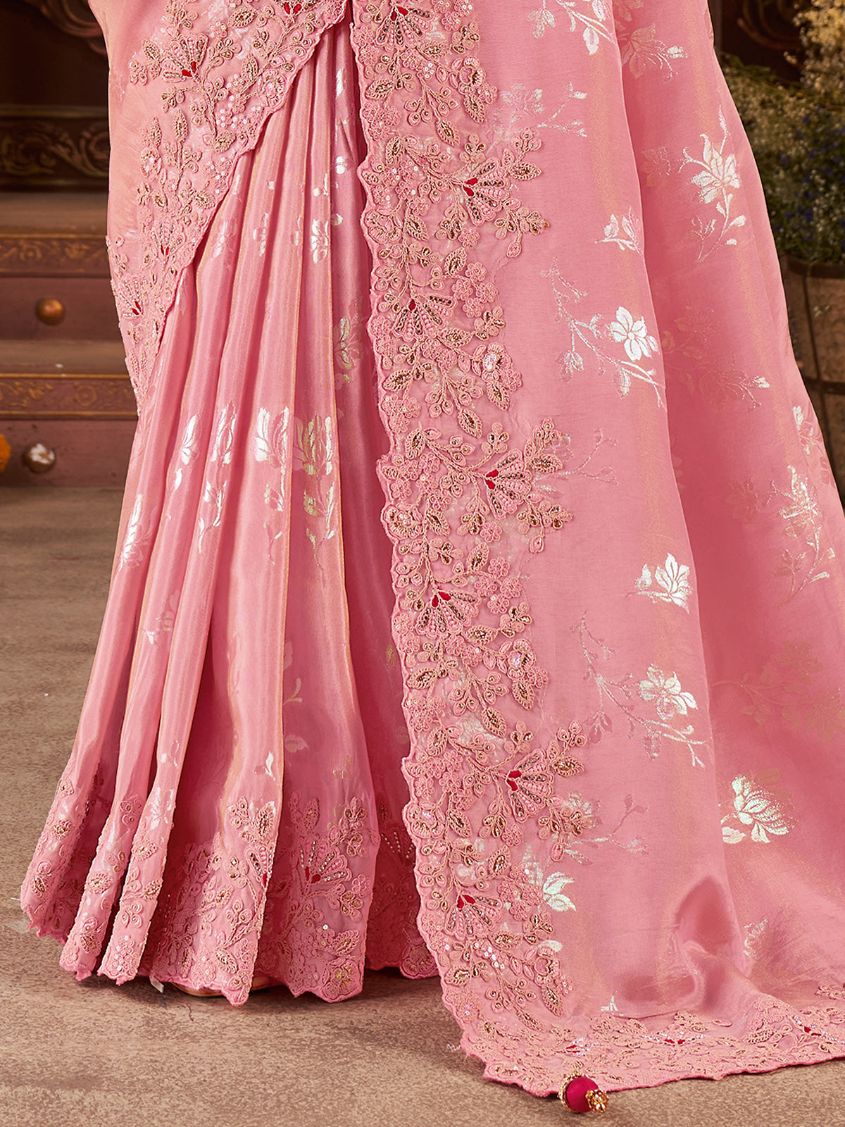 Pink soft silk embroidered saree with contrast blouse
