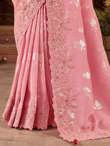 Pink soft silk embroidered saree with contrast blouse