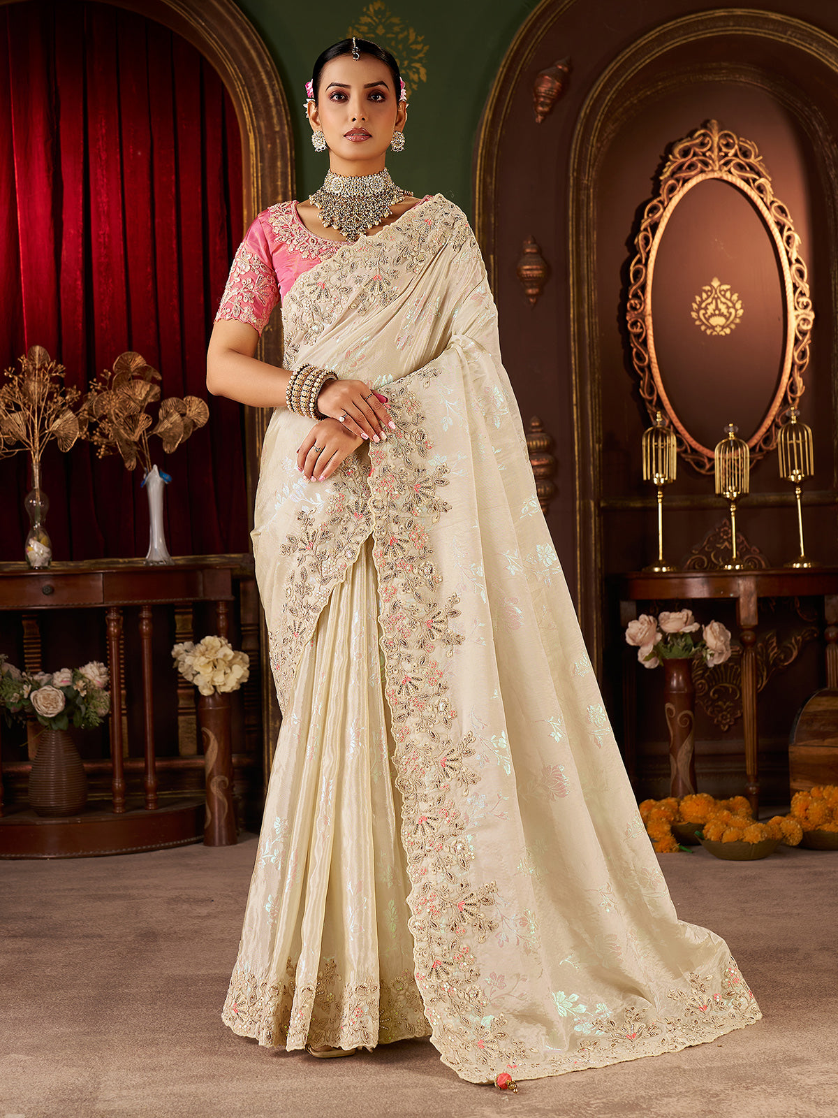 Cream soft silk stone work saree