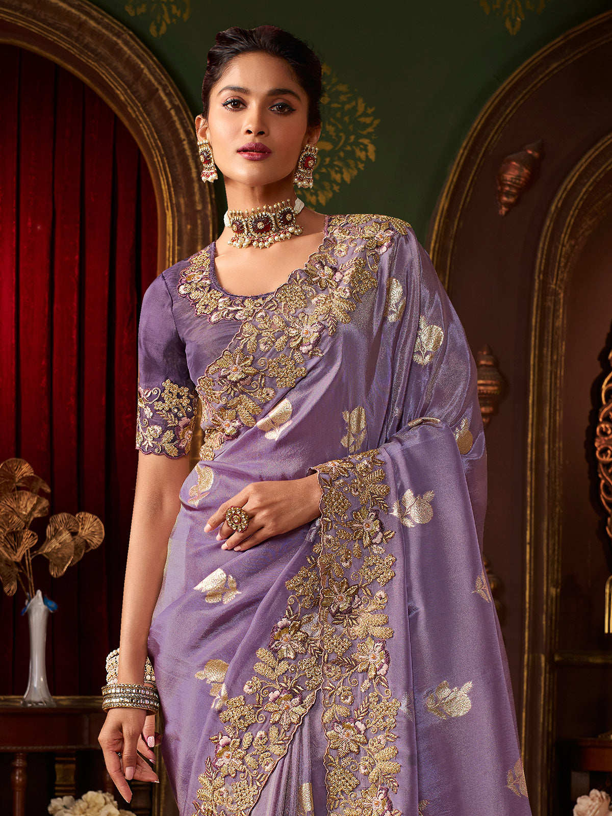 Light purple soft silk zari and embroidered work saree