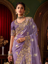 Light purple soft silk zari and embroidered work saree