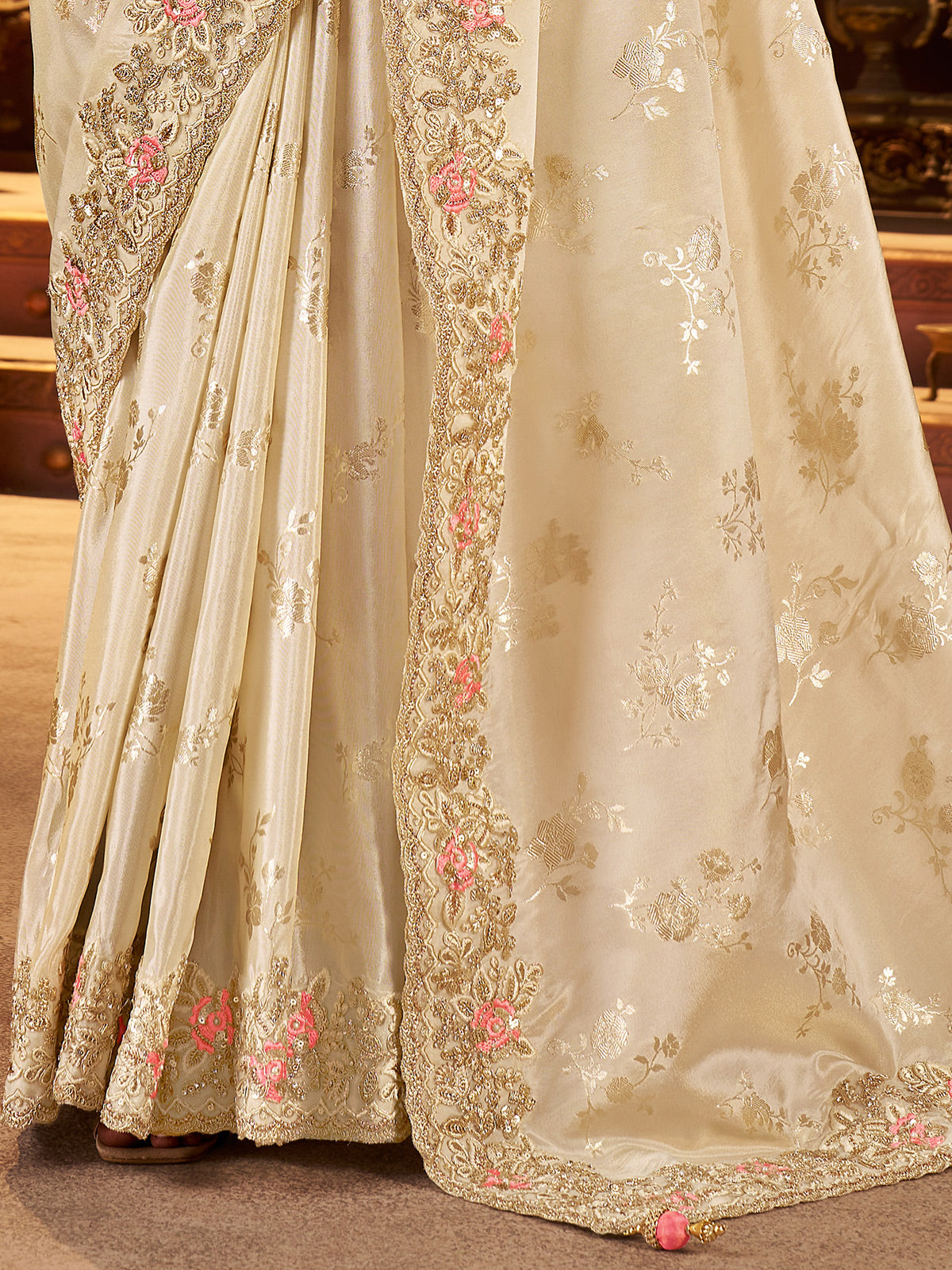 Cream soft silk zardosi work saree