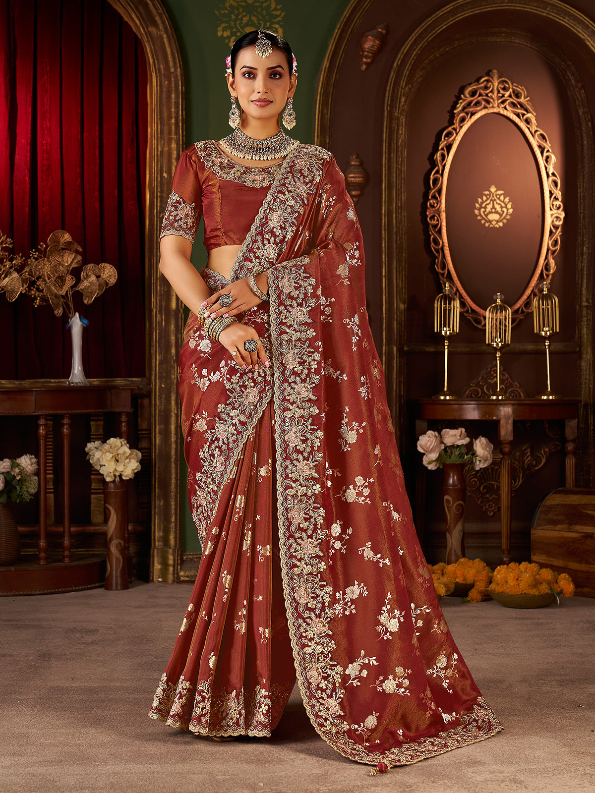 Brown soft silk embroidered and zari work saree