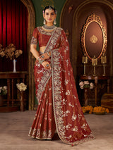 Brown soft silk embroidered and zari work saree