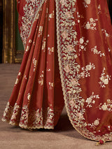 Brown soft silk embroidered and zari work saree