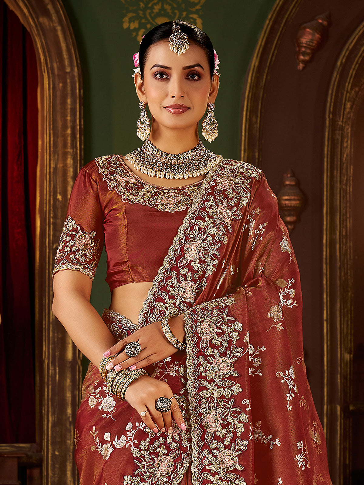 Brown soft silk embroidered and zari work saree
