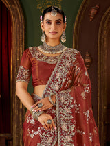 Brown soft silk embroidered and zari work saree
