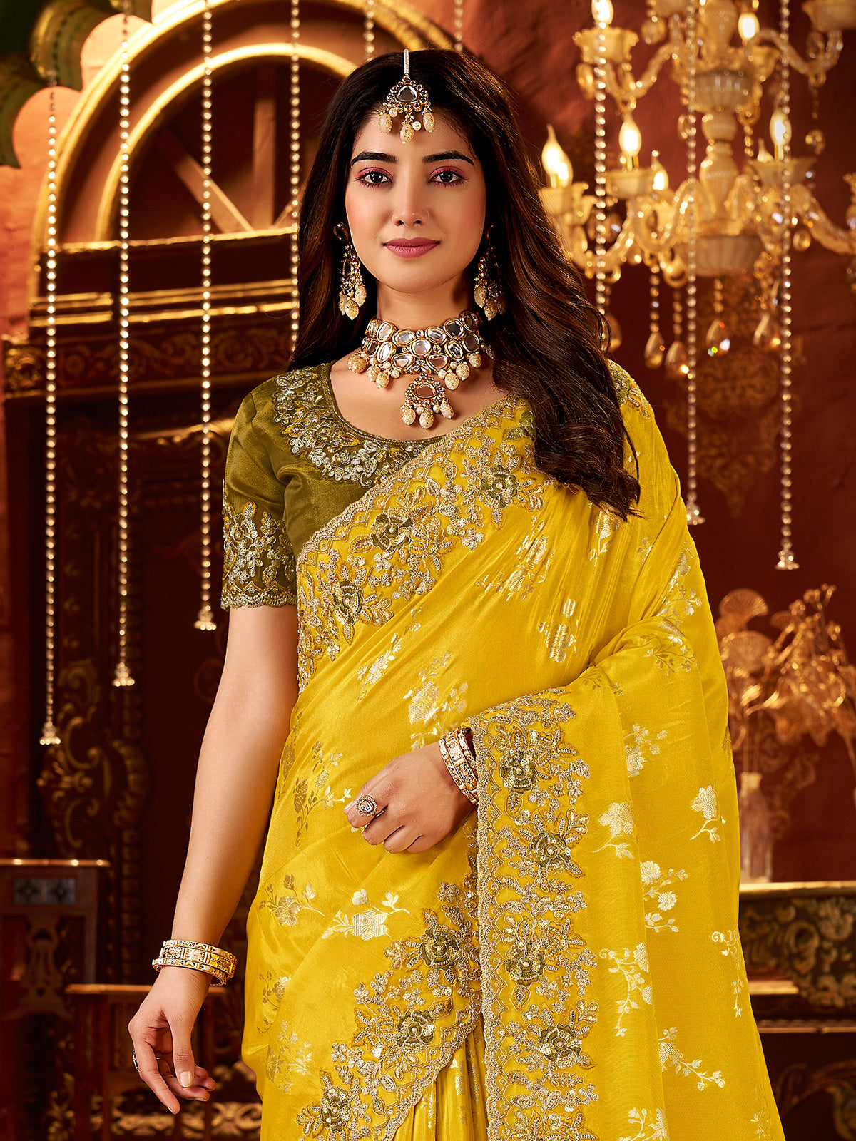 Mustard yellow soft silk festive wear saree