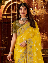 Mustard yellow soft silk festive wear saree