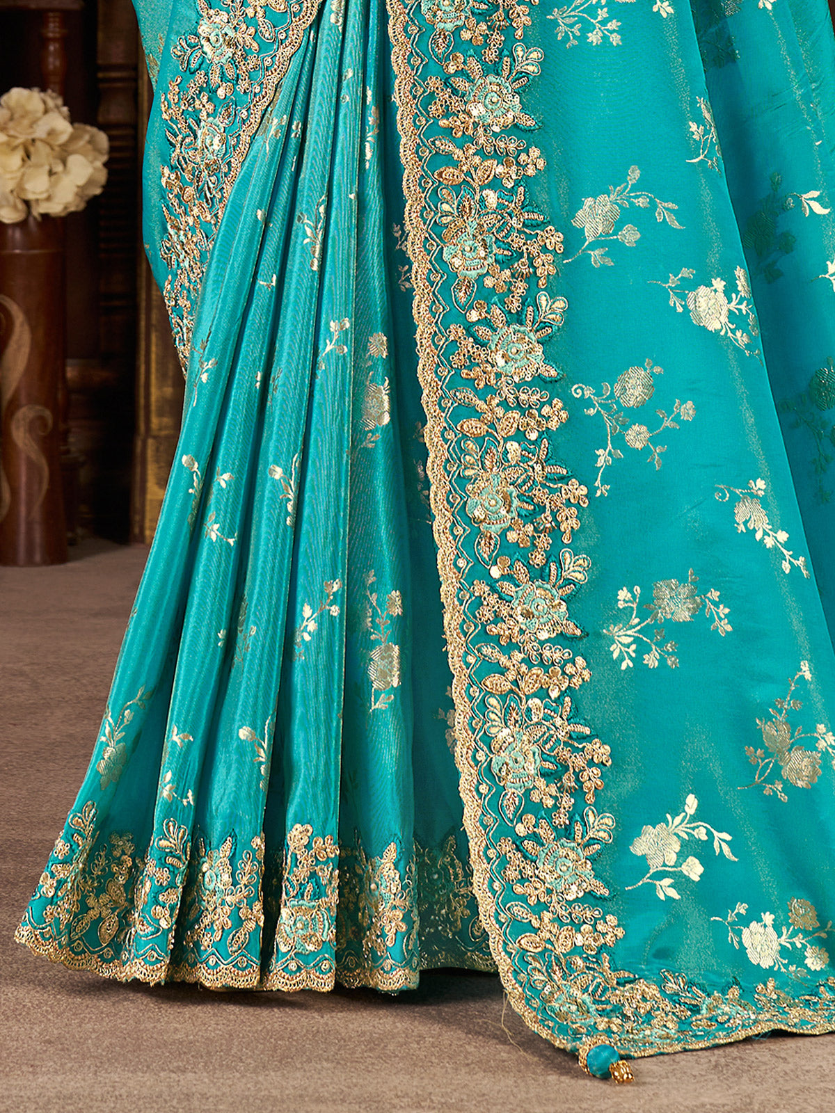 Aqua blue soft silk zardosi work saree