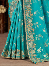 Aqua blue soft silk zardosi work saree