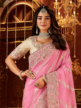 Light pink soft silk embroidered work saree