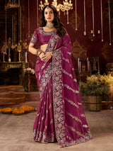 Wine soft silk zardosi and embroidered work saree