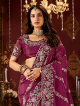 Wine soft silk zardosi and embroidered work saree