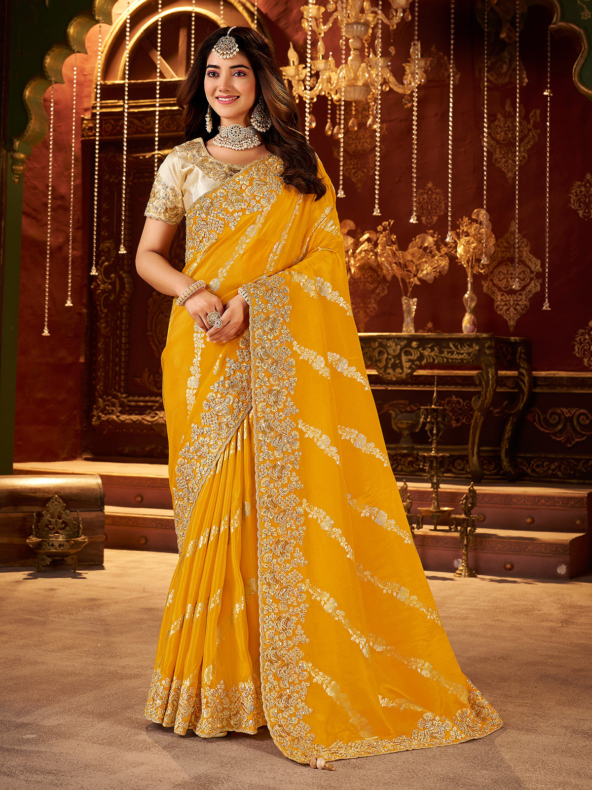 Mustard yellow soft silk zardosi work saree