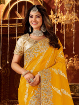 Mustard yellow soft silk zardosi work saree