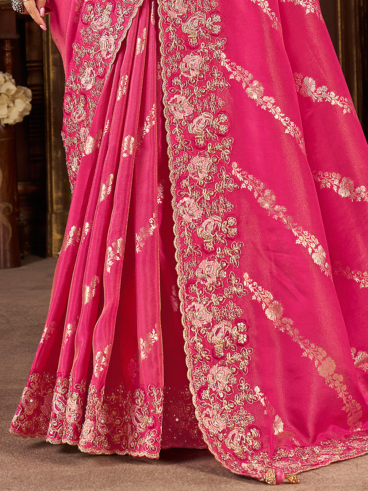 Pink soft silk zardosi work festive wear saree