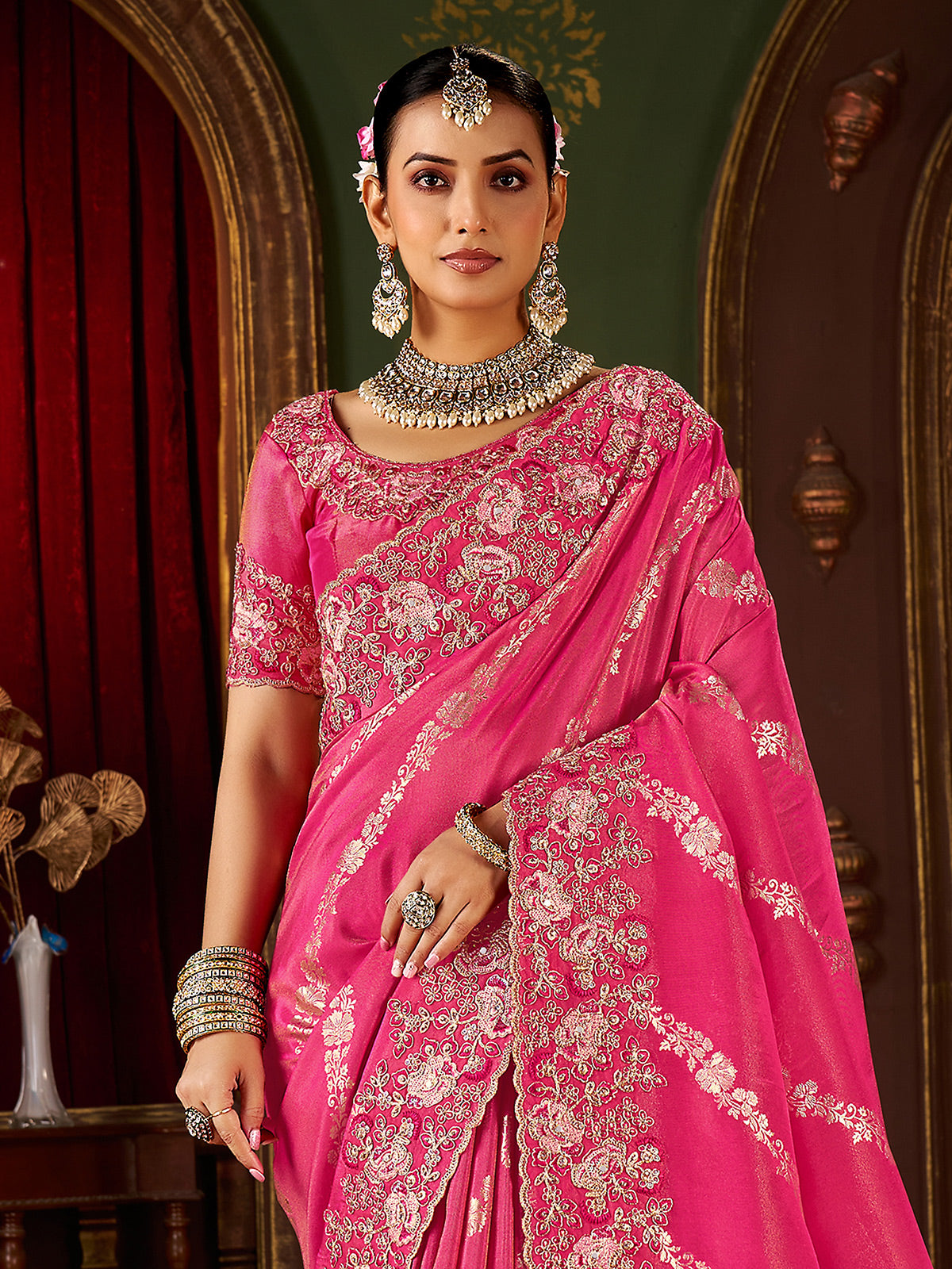 Pink soft silk zardosi work festive wear saree