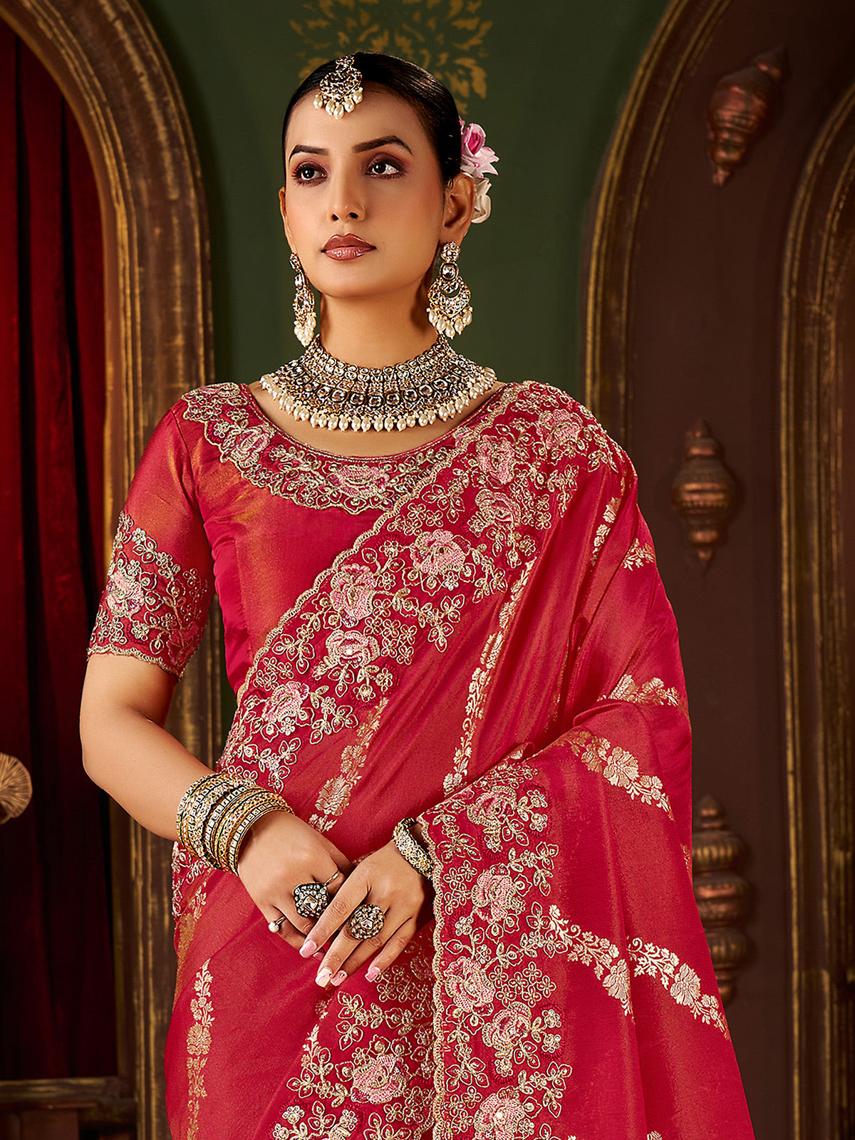 Red soft silk zardosi and embroidered work saree