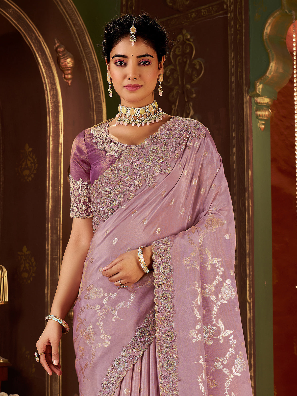 Lilac purple soft silk zardosi work saree