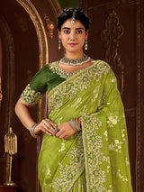 Mehendi green soft silk festive work saree