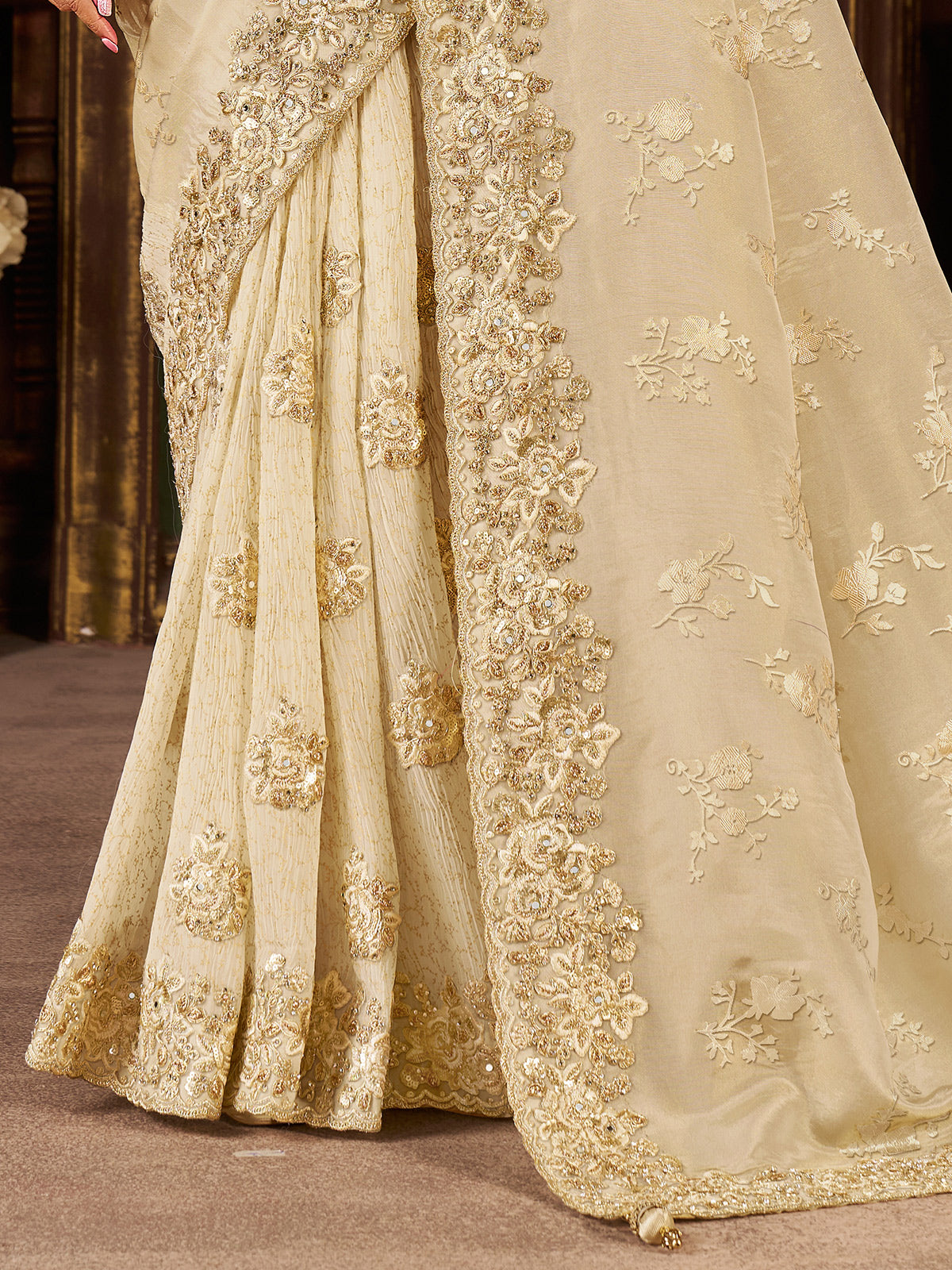 Beige soft silk mirror work and embroidered saree