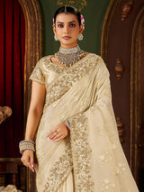 Beige soft silk mirror work and embroidered saree