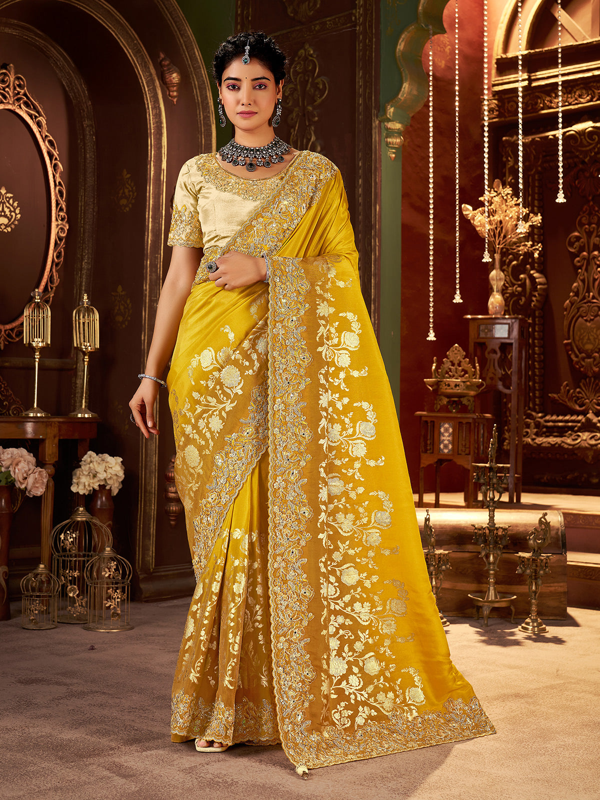 Mustard yellow soft silk embroidered festive wear saree