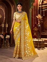 Mustard yellow soft silk embroidered festive wear saree
