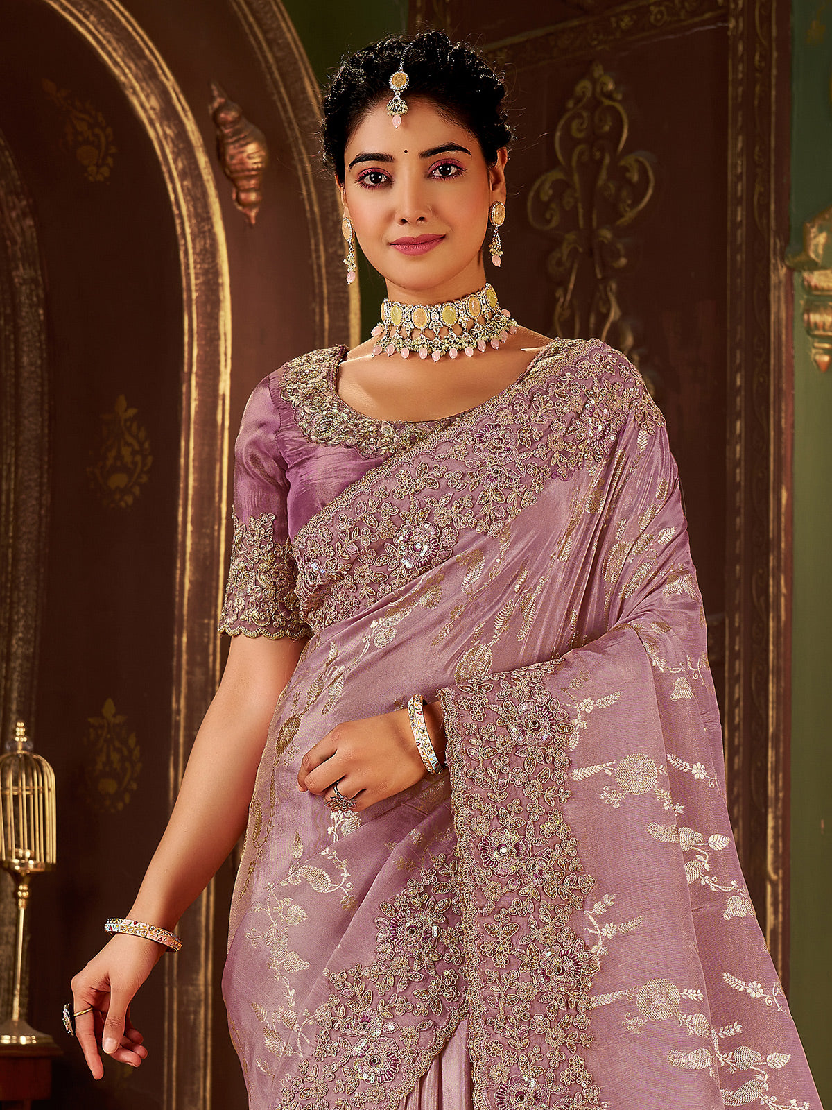 Shaded lilac purple soft silk saree for wedding wear