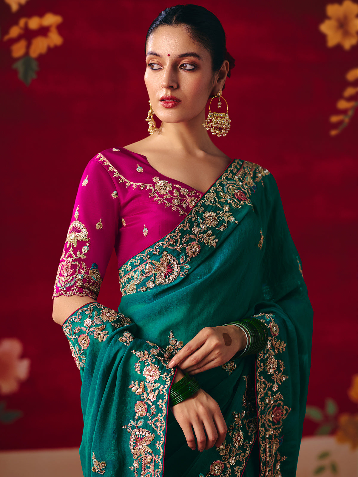 Rama green tissue organza wedding wear saree